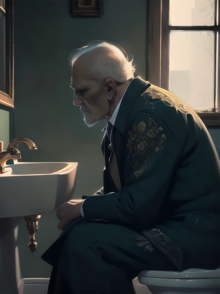 Super detailed,masterpiece,8K Illustration,Highly detailed CG Unity 8k wallpaper,highest quality,Absurd,Official Art,Detailed skin texture, Detailed cloth texture,Intricate details, Super detailed, Best lighting,Ultra-high resolution,8K Ultra HD,Dramatic lighting,delicate,break,
(Igor), 1 old man, Sitting on the toilet thinking, Meditation, Vulture&#39;s nose, Bald, Gentleman&#39;s clothing, elegant,