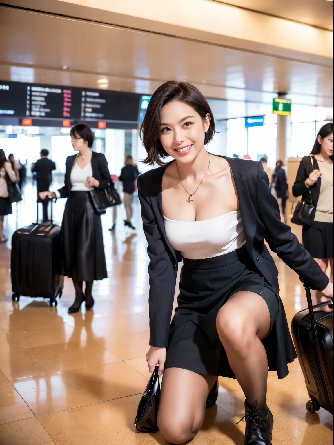 (RAW Photos:1.2), (Realistic:1.4),Beautiful detailed woman,非常にFine Eyesと顔, Fine Eyes, Very detailed,High resolution, Very detailed,highest quality,Consciousness upward,Unified,8k wallpaper,masterpiece,highest quality,1 female,alone,rich,Ezvian everywhere,(Slightly thicker:0.8),Thick legs,alone,(Black business suit:1.4),(Knee-length skirt:1.6)、(Black Stockings:1.4),(short boots:1.4)、(Have a business carry bag:1.4),jewelry, necklace ,short hair,A kind smile,A dignified atmosphere,black eye,Realistic, (Morning Airport:1.2),(Stand upright:1.4),(go to work:1.4)