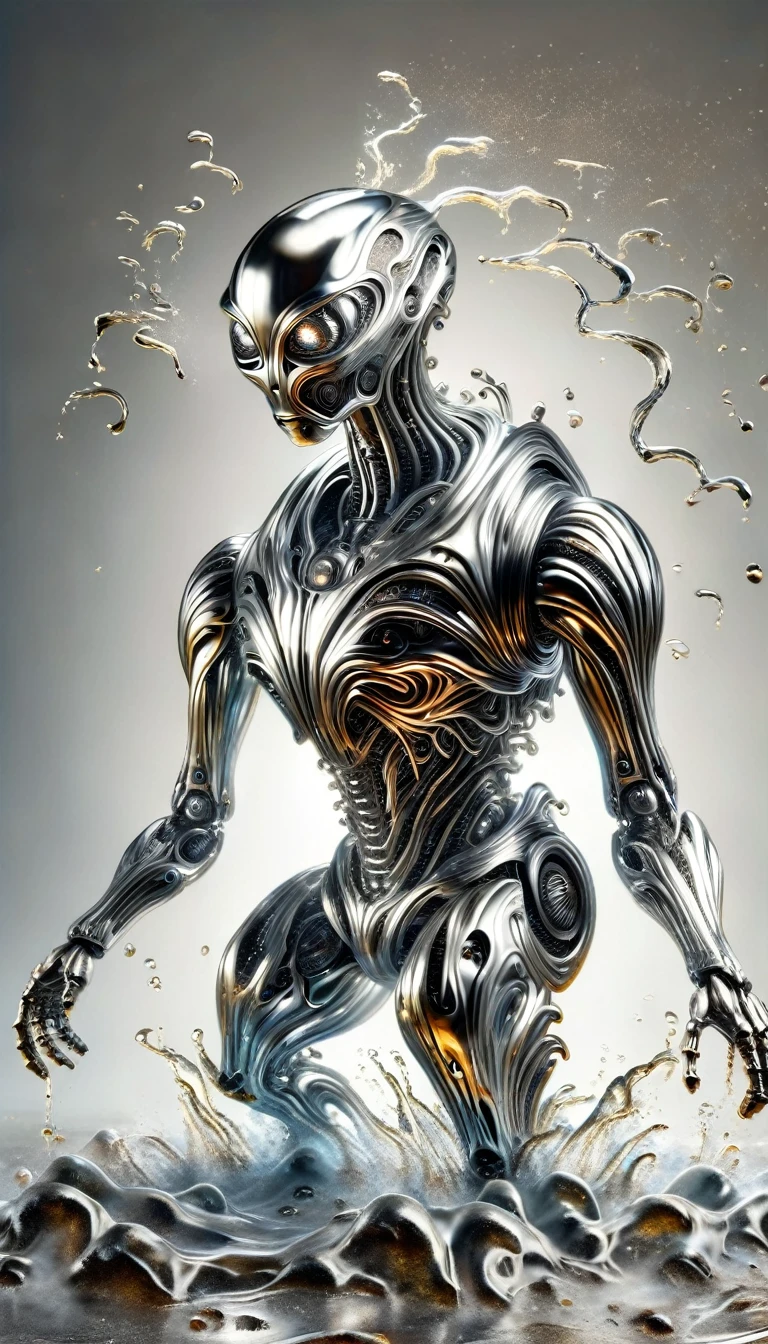 Realistic full-body photo of a robot made of liquid metal, dynamic action poses:1.5, The splashing metal liquid interprets energy and passion, The dripping liquid metal is creepy and scary, Wind effect,