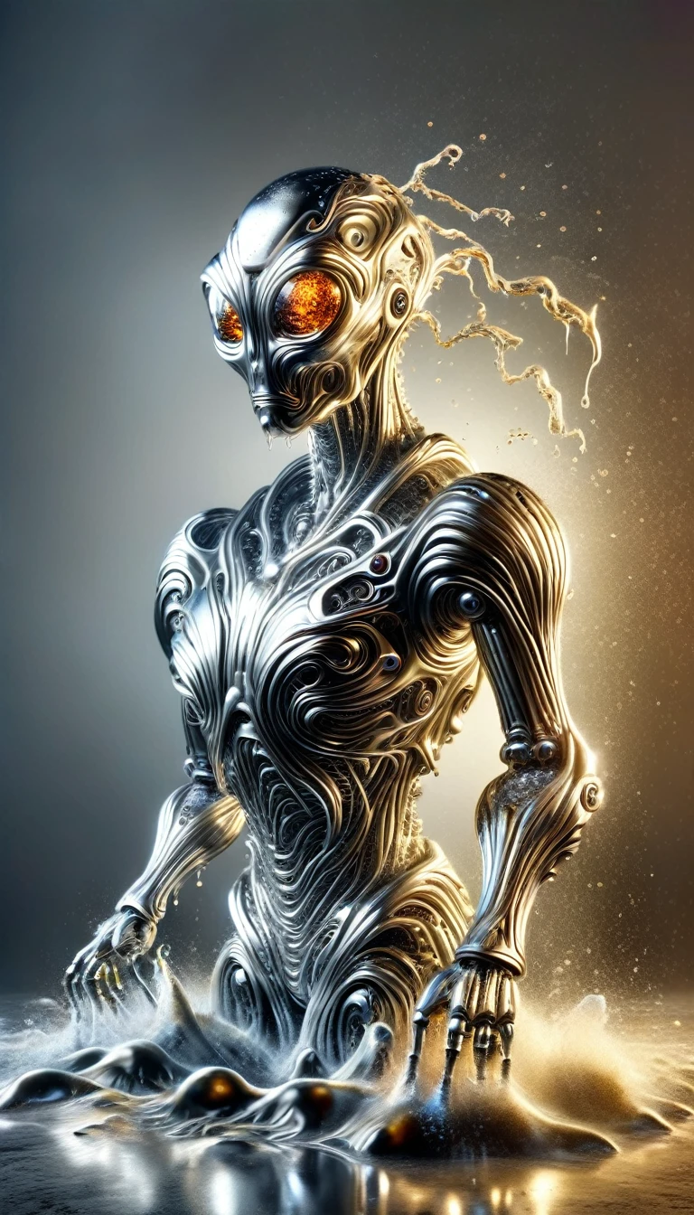 Realistic full-body photo of a robot made of liquid metal, dynamic action poses:1.5, The splashing metal liquid interprets energy and passion, The dripping liquid metal is creepy and scary, Wind effect,