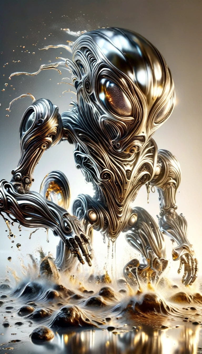 Realistic full-body photo of a robot made of liquid metal, dynamic action poses:1.5, The splashing metal liquid interprets energy and passion, The dripping liquid metal is creepy and scary, Wind effect,