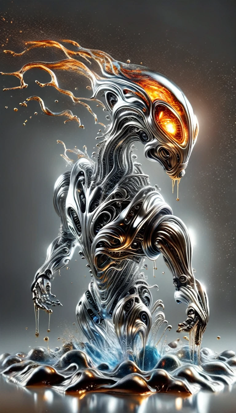 Realistic full-body photo of a robot made of liquid metal, dynamic action poses:1.5, The splashing metal liquid interprets energy and passion, The dripping liquid metal is creepy and scary, Wind effect,