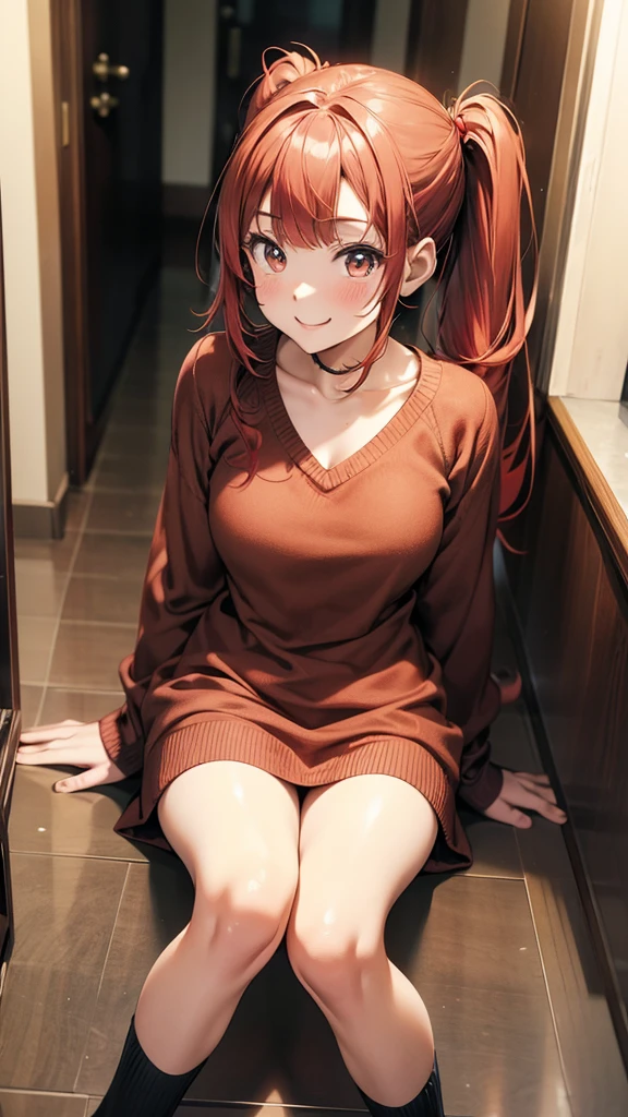 ore no imouto ga konna ni kawaii wake ga nai, 25-yers-old girl with crimson red hair- pulled up into twin ponytails, wearing a brown sweater dress, virgin killer, hallway background, upper body, smiling, sitting on the floor 