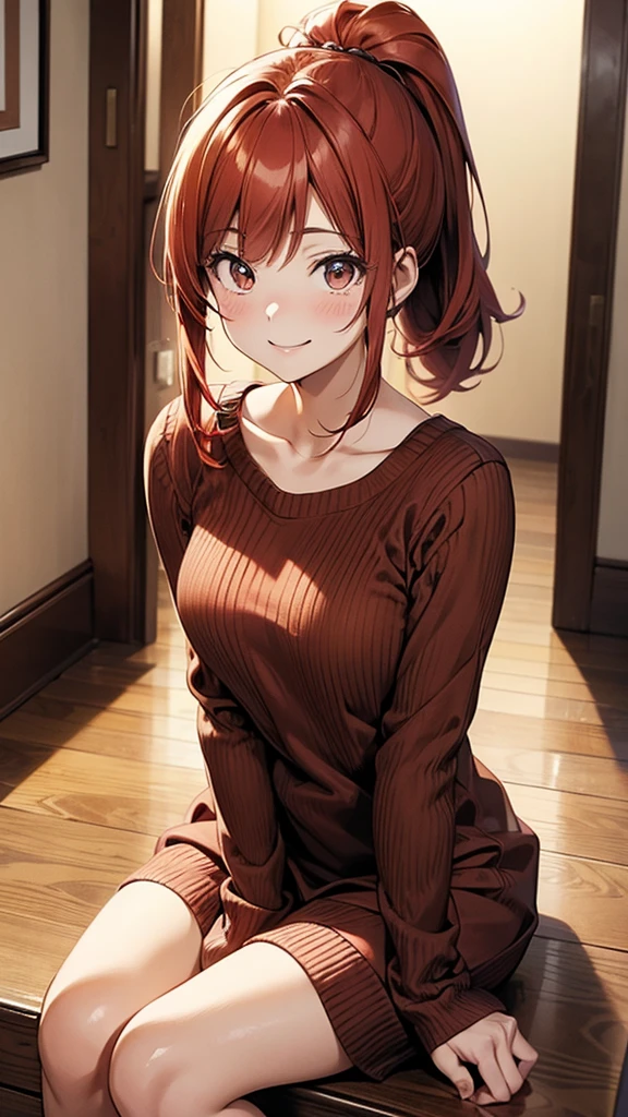 ore no imouto ga konna ni kawaii wake ga nai, 25-yers-old girl with crimson red hair- pulled up into twin ponytails, wearing a brown sweater dress, virgin killer, hallway background, upper body, smiling, sitting on the floor 