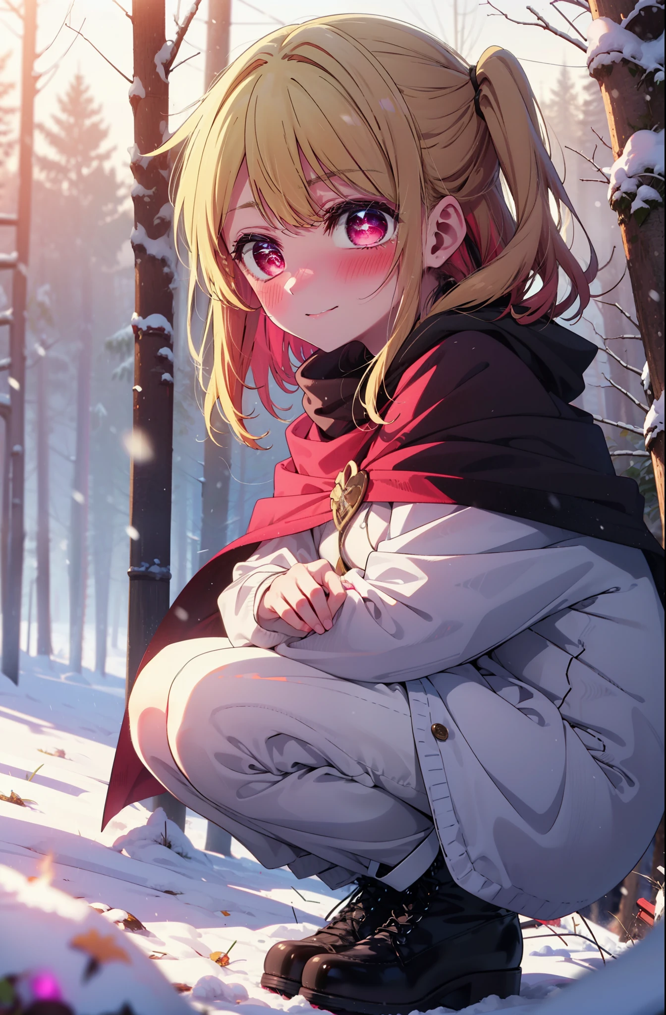 rubyhoshino, Hoshino Ruby, Long Hair, bangs, Blonde Hair, (Pink Eyes:1.3), Side Lock, (Symbol-shaped pupil:1.5), Multicolored Hair, Two-tone hair, smile,,smile,blush,White Breath,
Open your mouth,snow,Ground bonfire, Outdoor, boots, snowing, From the side, wood, suitcase, Cape, Blurred, , forest, White handbag, nature, Squat, Mouth closed, Cape, winter, Written boundary depth, Black shoes, red Cape break looking at viewer, Upper Body, whole body, break Outdoor, forest, nature, break (masterpiece:1.2), highest quality, High resolution, unity 8k wallpaper, (shape:0.8), (Beautiful and beautiful eyes:1.6), Highly detailed face, Perfect lighting, Extremely detailed CG, (Perfect hands, Perfect Anatomy),