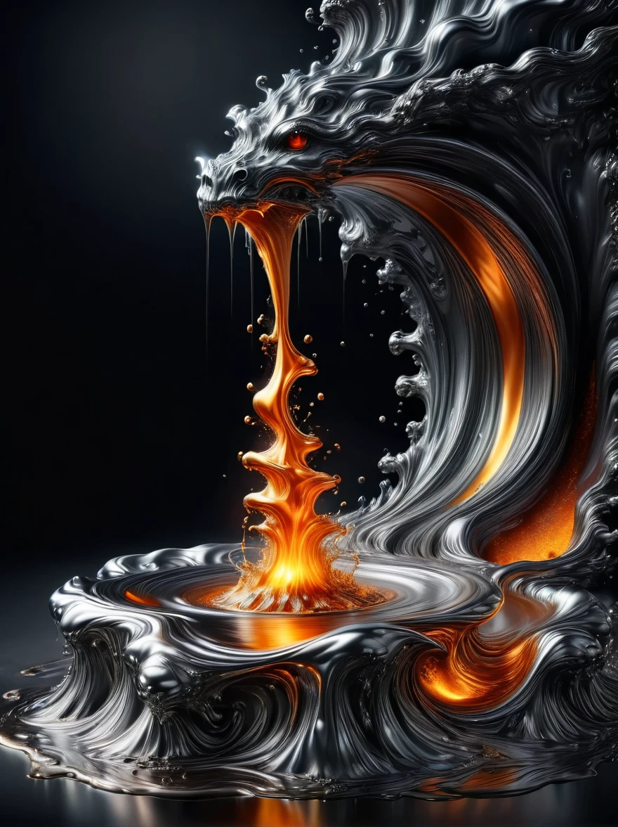 (Volcanic eruption of liquid metal:1.5)，(Lava eruption made of flowing liquid metal)，Elegant Flow，Liquid metal flowing, Metal smelting，Liquid dripping