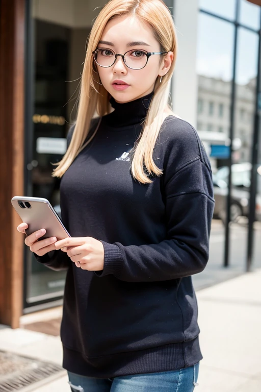 ((highest quality)), ((masterpiece)), (detailed), Perfect Face.female anime character standing still with head tilted back while holding a smartphone, 1girl, solo, long hair, glasses, looking at viewer, black-framed eyewear, long sleeves, white hair