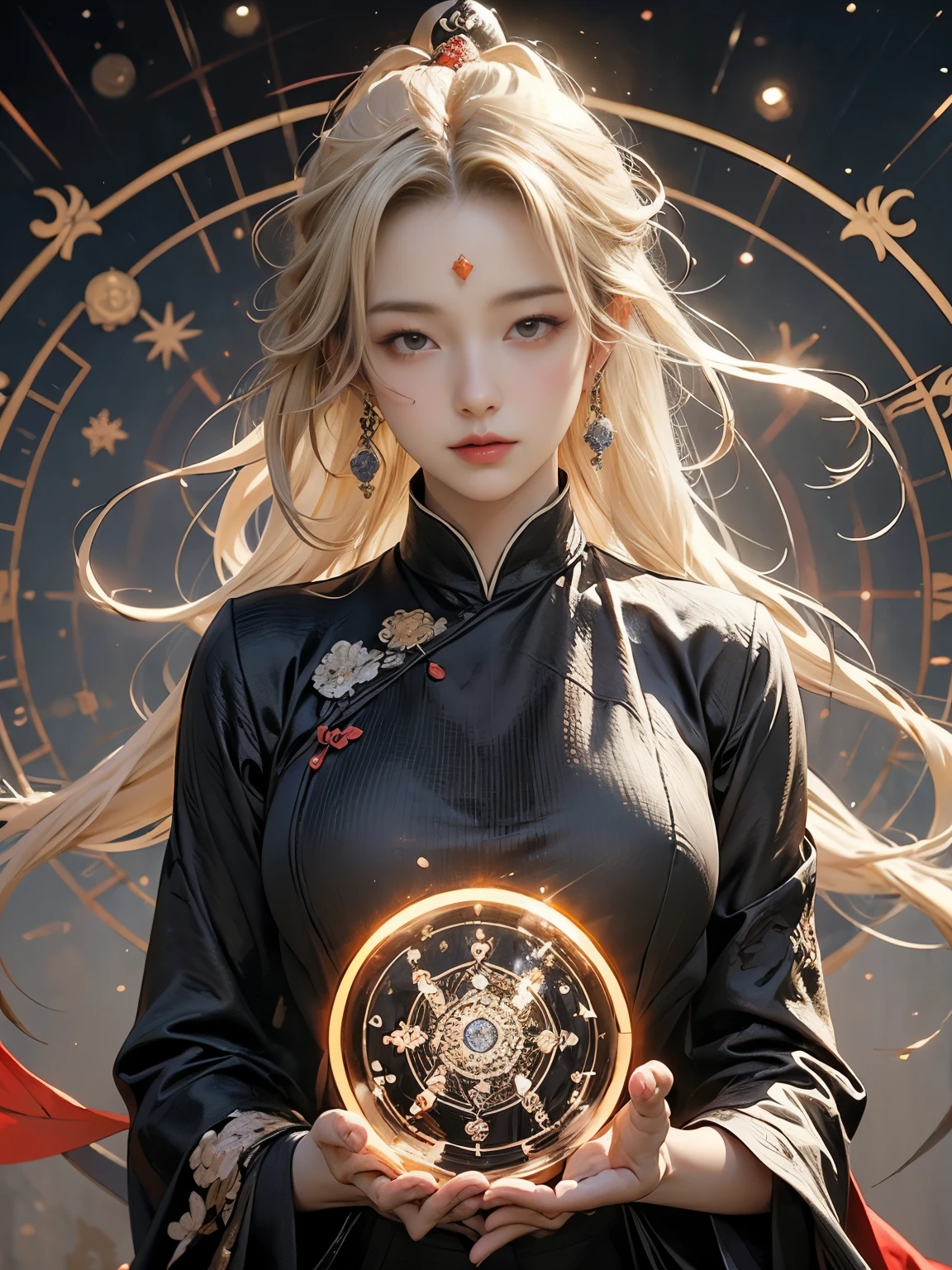 Zerg Queen Beautiful Girl: Ranlinger, 18 years old, astrologer, Messy Hair, oil, Romanticism painting, beautiful Perfect Face, Soft Skin, Perfect Face, Yasutomo Oka's painting style, Big Breasts, Add light purple and purple, Add Light Red, Intricate details, Splash screen, 8K resolution, masterpiece, Serious, Space, (mysterious magic circle background, Buddhist Mandala:1.3), Colorful background, aura, Sharp Eyes, Break, Blonde, dynamic sexy poses, Strong winds, Mr.々Light source, Colorful light, Crystal Jade, Celestial globe, Four Holy Beasts, constellation