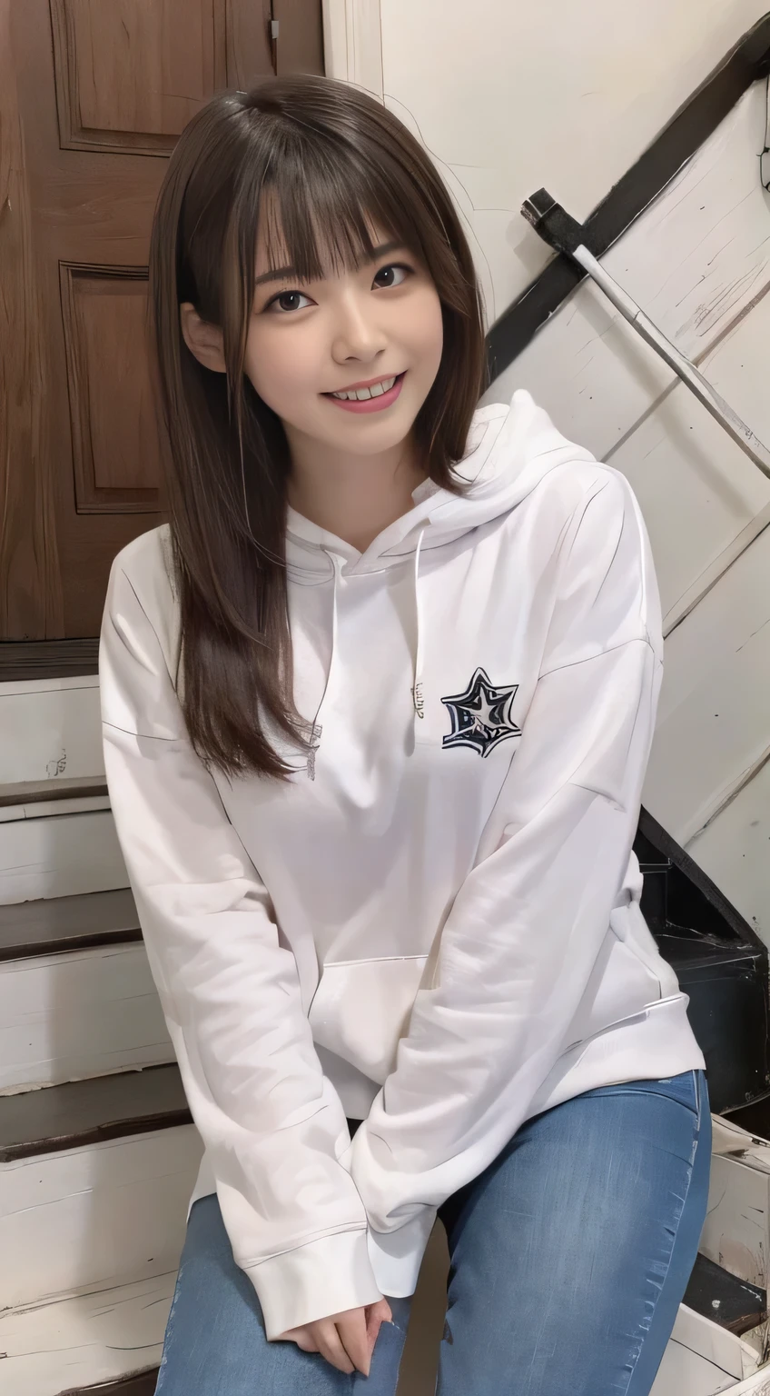 highest quality, Realistic, Very detailed, Finer details, High resolution, 8k wallpaper, One beautiful woman,Sit on the stairs、（Wear black socks）smile、（Beautiful teeth alignment、）（Gums are visible） Oversized hoodie, Skinny jeans,（ Black sneakers）、Black Hair、 Beautiful Bangs、ear piercing、Perfect dynamic composition, Beautiful and detailed, Full Body Shot, A big smile brown hair