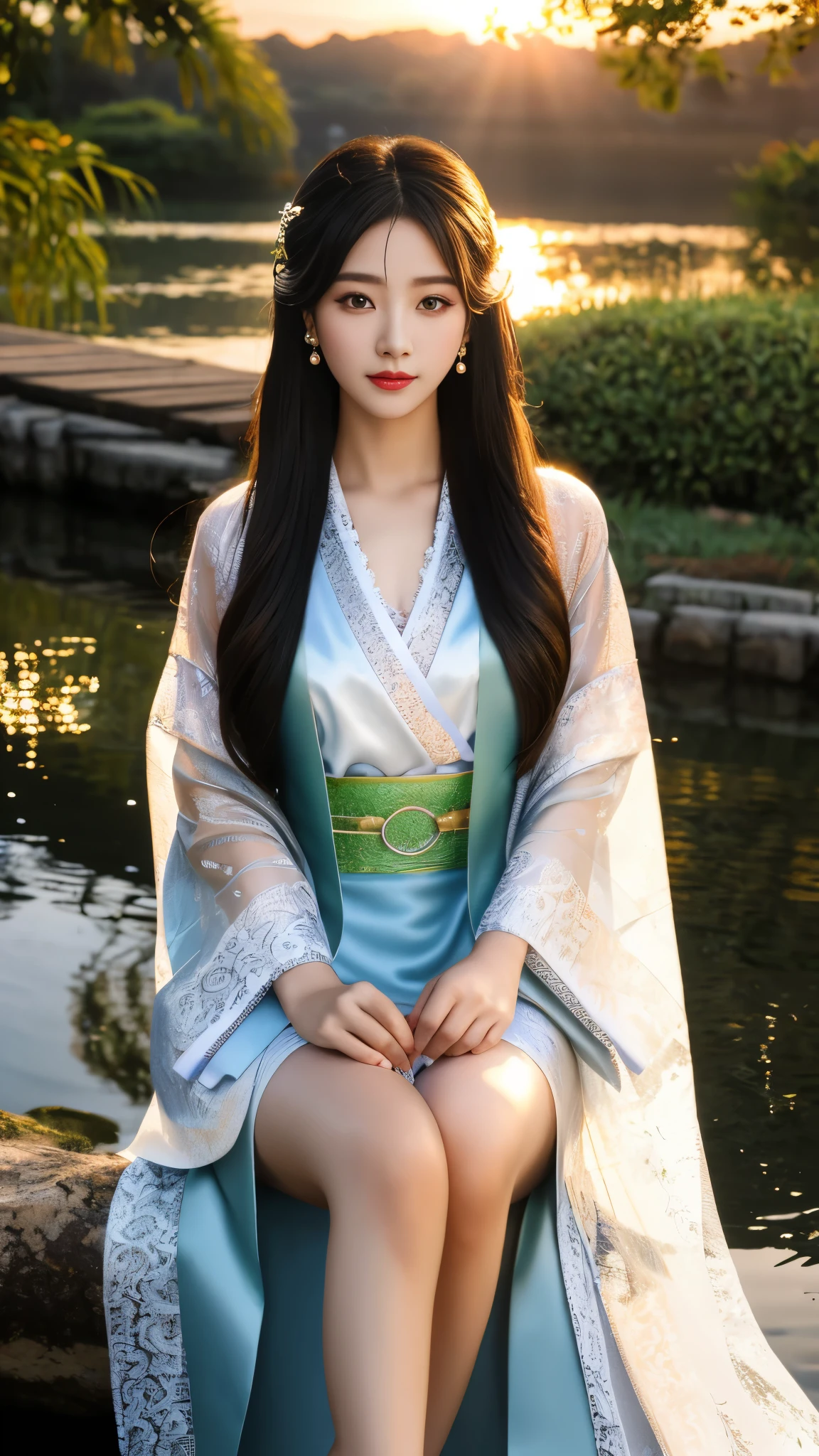 8K, UHD, masterpeiece,best quality, 1 girl, detailed face, detailed eyes, very long hair, long straight hair, small breasts, very detailed dress, kimono costume, white costume, ((black lace)), sardine, flowing sardine, jwellery, earring, ornaments, flower, evening, lake, water, sunset, depth of field, glowing light, god rays, reflection light, bloom, looking at viewer, sitting,