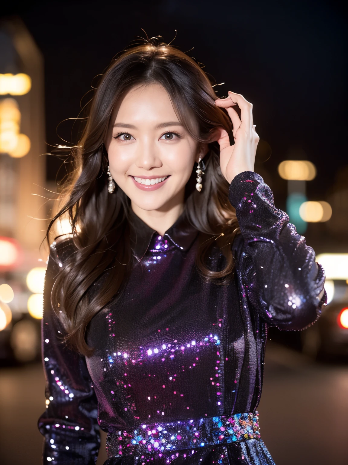 Original photo, 8K ultra-high resolution, Single-lens reflex camera, Soft Light, high quality, cinematic particles, Fuji Movie XT3, 美しいファセット加工の透明なラベンダークリスタルドレスのクローズアッProfessionalーアングルショット,Girl wearing crystals,View from the dress, Movie Photos, 18mmF/11 photos, , Bokeh, Professional, 4K, Very detailed, Rich and colorful、(Short black hair:1.4)、Gentle smile