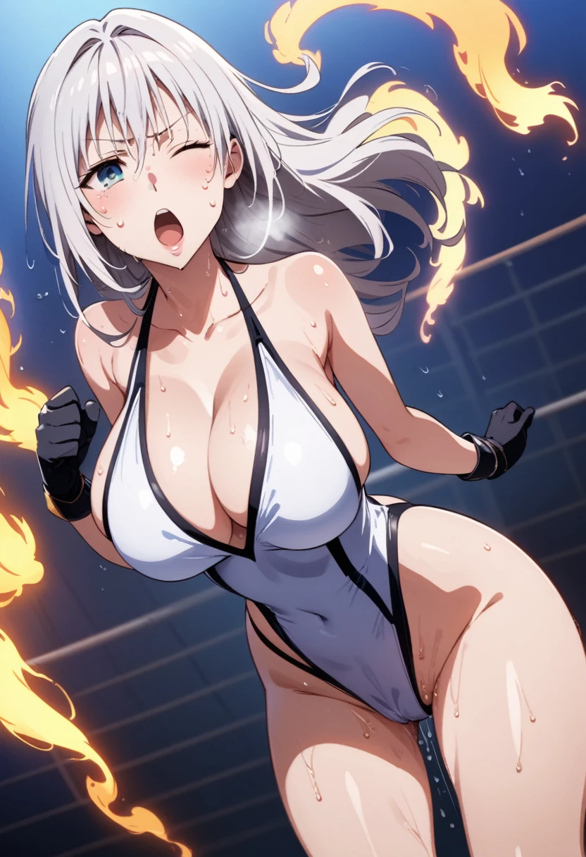 Ultra-high resolution, 1 Girl, 18 years old, (Idols:1.4), (Famous actresses :1.4), (Beautiful detailed face:1), ((Best Quality)), 1 Girl:1, 18 I, Cinematic Light, Mood lighting, (((Perfect Anatomy:1.10))), (Finely detailed face:1.2), (Representative works:1.5), (Best Quality:1.2), Looking at the Viewer, Lipstick, V-shaped eyebrows, V Line Jaw, ((Prevents clothing from digging into the skin)), (Painful expression:1.3), (Heavy breathing:1.3), (The background is blurred), Glossy texture, (Long silver hair:1.3), (Perfect Face:1.4), (Beautiful detailed eyes), (Close one eye:1.2), (((Open your mouth:1.1))), ((Shiny skin:1.3)), (Extremely smooth expressed skin), (((Sweaty skin:1.5))), ((((Sweating profusely:1.3)))), White Skin, Slender, Narrow nose, (Narrow waist:1), (Almond Eyes:1), (Big Breasts:1), There is cleavage in the chest, Bangs, Light makeup, Small Ass, (((Pro Wrestling Match Venues:1.3))), ((((Inside the professional wrestling ring:1.4)))), ((Sexy patterned wrestling costume:1.3)), ((Sexy design pure white swimsuit:1.3), (( Intricate design of white wrestling costume:1.3)), ((((The crotch is very wet:1.4)))), ((((Sweat makes clothes transparent:1.3)))), (Patent leather long wrestling boots), Thimble Skin Gloves, (((Fighting spirit:1.5))), (((Leaning posture:1.1))),