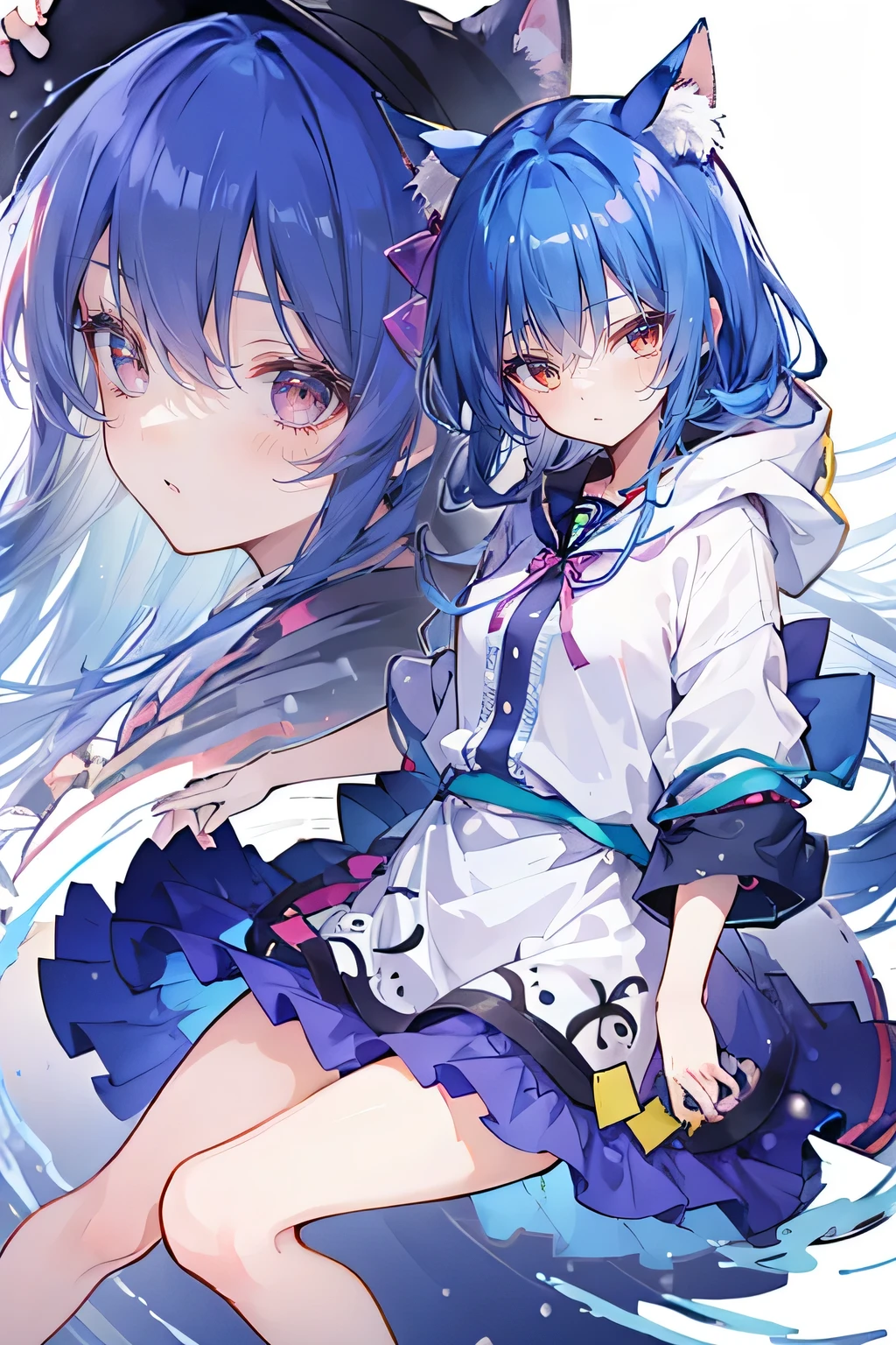 (masterpiece:1.2),Super detailed,lifelike,Expressive eyes,fair skin,perfect face shape,1 girl,
Japanese comics,Gorgeous blue hair,flowing blue hair,flowing clothes,Cat ears,Petals fall,beautiful lola,Baby Angel,sunrise,
Shaking head with one hand,Cross your legs,Gentle and peaceful background,The pavilion is cool and comfortable,smile, wearing hoodie, background of tokyo,back views,snowing, winter.