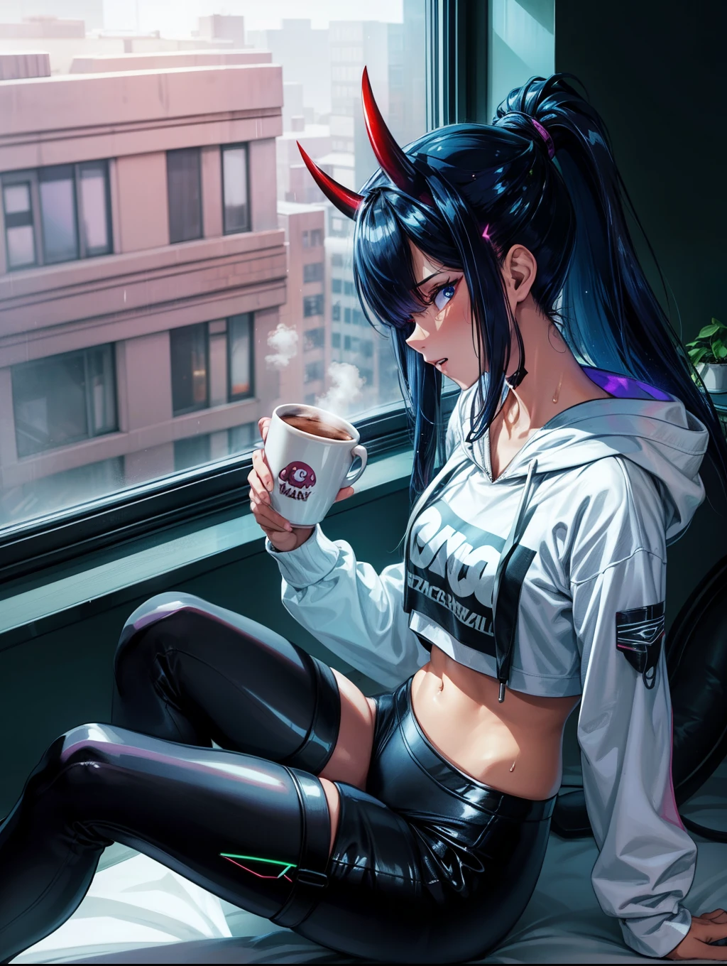 score_9,score_8_up,score_7_up,score_6_up, 1girl, 
 sitting in bed next to a large window, holding coffee cup, holding steaming coffee cup, wearing croptop hoodie, black croptop hoodie, long hair, black hair, blue strip in hair low ponytail hairstyle, red skin, demon girl, small horn on head, devil horns, pov from the side, sitting on the bed, hoodie, plants on the windowsill, looking out the window, looking away from viewer, background through window is vast space, galaxy background, wearing tights, leggings, black tights, thighs, night time, cyberpunk city view out of the window, neon light, purple neon lights, raining outside, heaving rain outside, girl is dry, no rain inside