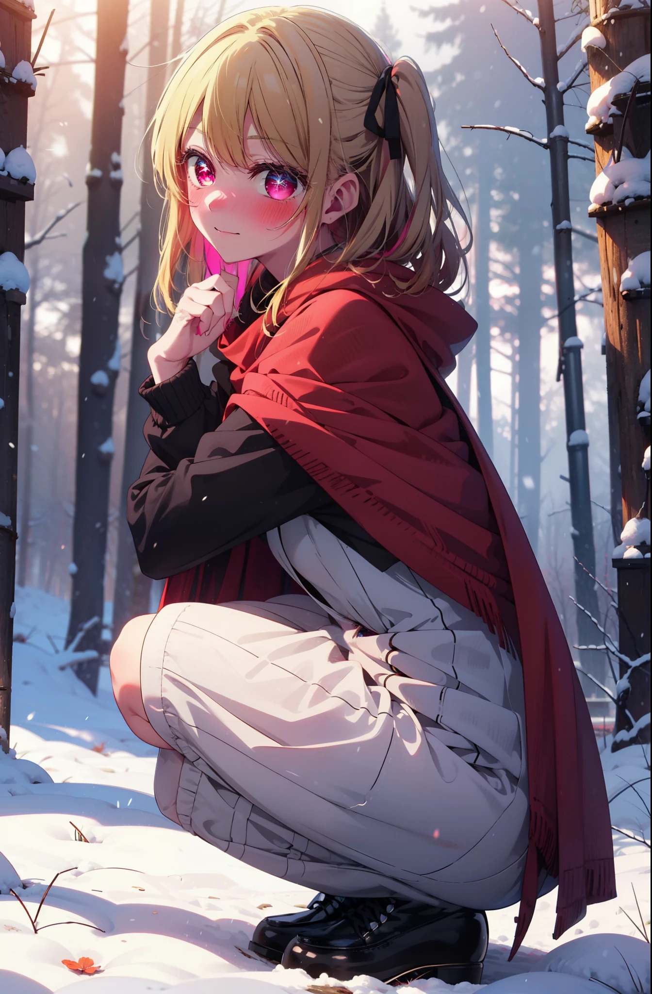 rubyhoshino, Hoshino Ruby, Long Hair, bangs, Blonde Hair, (Pink Eyes:1.3), Side Lock, (Symbol-shaped pupil:1.5), Multicolored Hair, Two-tone hair, smile,,smile,blush,White Breath,
Open your mouth,snow,Ground bonfire, Outdoor, boots, snowing, From the side, wood, suitcase, Cape, Blurred, , forest, White handbag, nature,  Squat, Mouth closed, Cape, winter, Written boundary depth, Black shoes, red Cape break looking at viewer, Upper Body, whole body, break Outdoor, forest, nature, break (masterpiece:1.2), highest quality, High resolution, unity 8k wallpaper, (shape:0.8), (Beautiful and beautiful eyes:1.6), Highly detailed face, Perfect lighting, Extremely detailed CG, (Perfect hands, Perfect Anatomy),