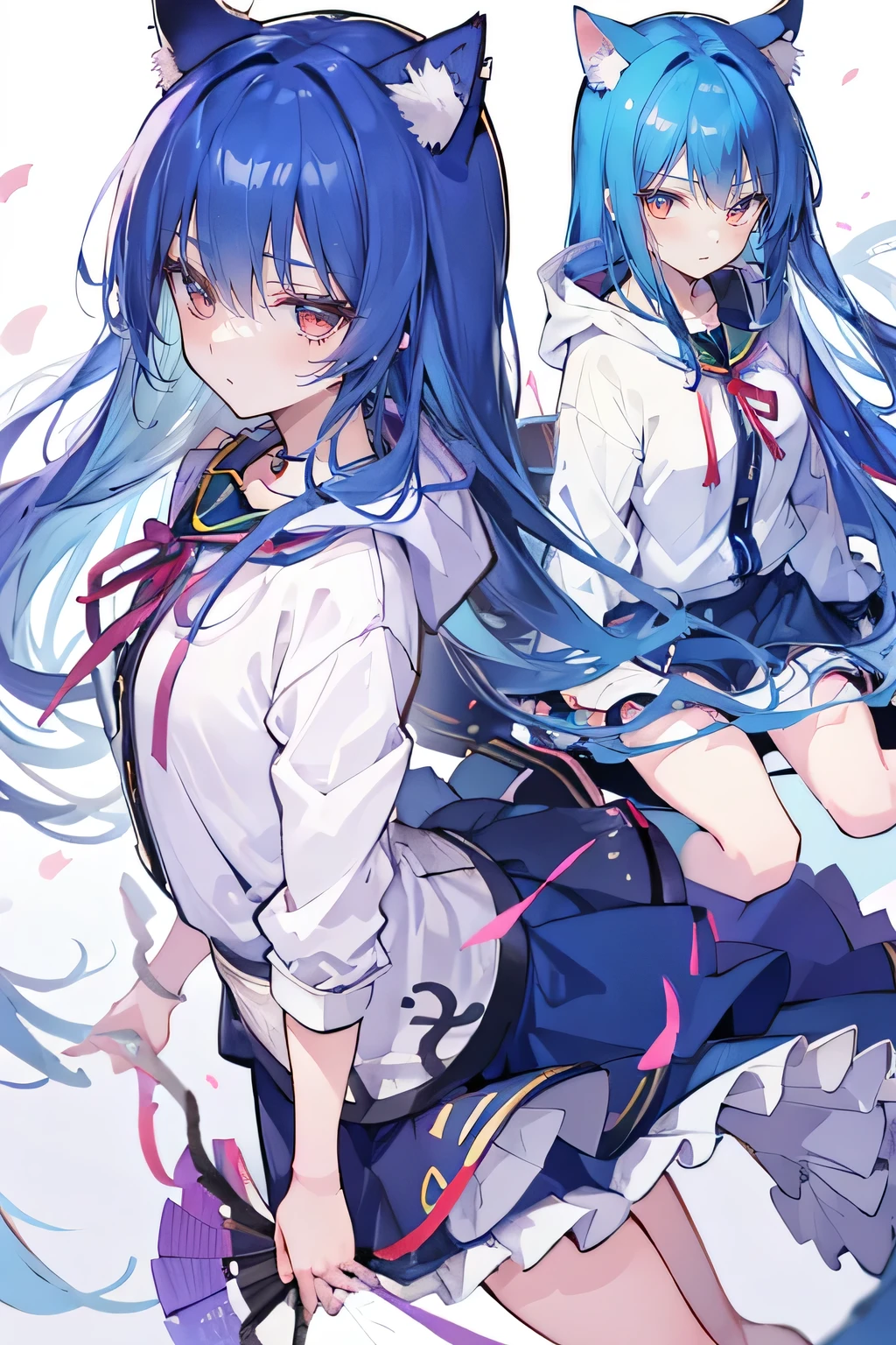 (masterpiece:1.2),Super detailed,lifelike,Expressive eyes,fair skin,perfect face shape,1 girl,
Japanese comics,Gorgeous blue hair,flowing blue hair,flowing clothes,Cat ears,Petals fall,beautiful lola,Baby Angel,sunrise,
Shaking head with one hand,Cross your legs,Gentle and peaceful background,The pavilion is cool and comfortable,smile, wearing hoodie, background of tokyo,back views,snowing, winter.