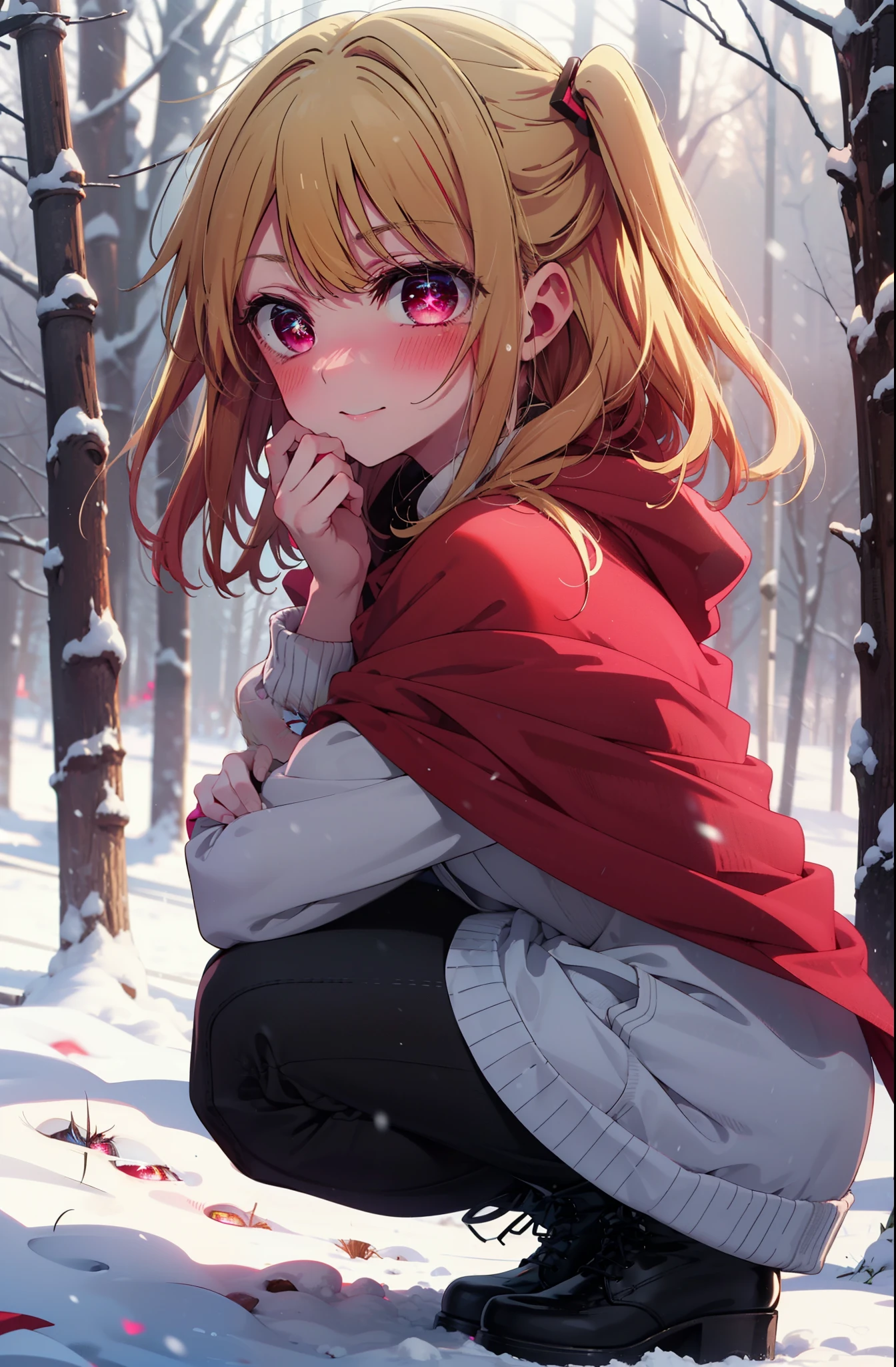 rubyhoshino, Hoshino Ruby, Long Hair, bangs, Blonde Hair, (Pink Eyes:1.3), Side Lock, (Symbol-shaped pupil:1.5), Multicolored Hair, Two-tone hair, smile,,smile,blush,White Breath,
Open your mouth,snow,Ground bonfire, Outdoor, boots, snowing, From the side, wood, suitcase, Cape, Blurred, , forest, White handbag, nature, Squat, Mouth closed, Cape, winter, Written boundary depth, Black shoes, red Cape break looking at viewer, Upper Body, whole body, break Outdoor, forest, nature, break (masterpiece:1.2), highest quality, High resolution, unity 8k wallpaper, (shape:0.8), (Beautiful and beautiful eyes:1.6), Highly detailed face, Perfect lighting, Extremely detailed CG, (Perfect hands, Perfect Anatomy),