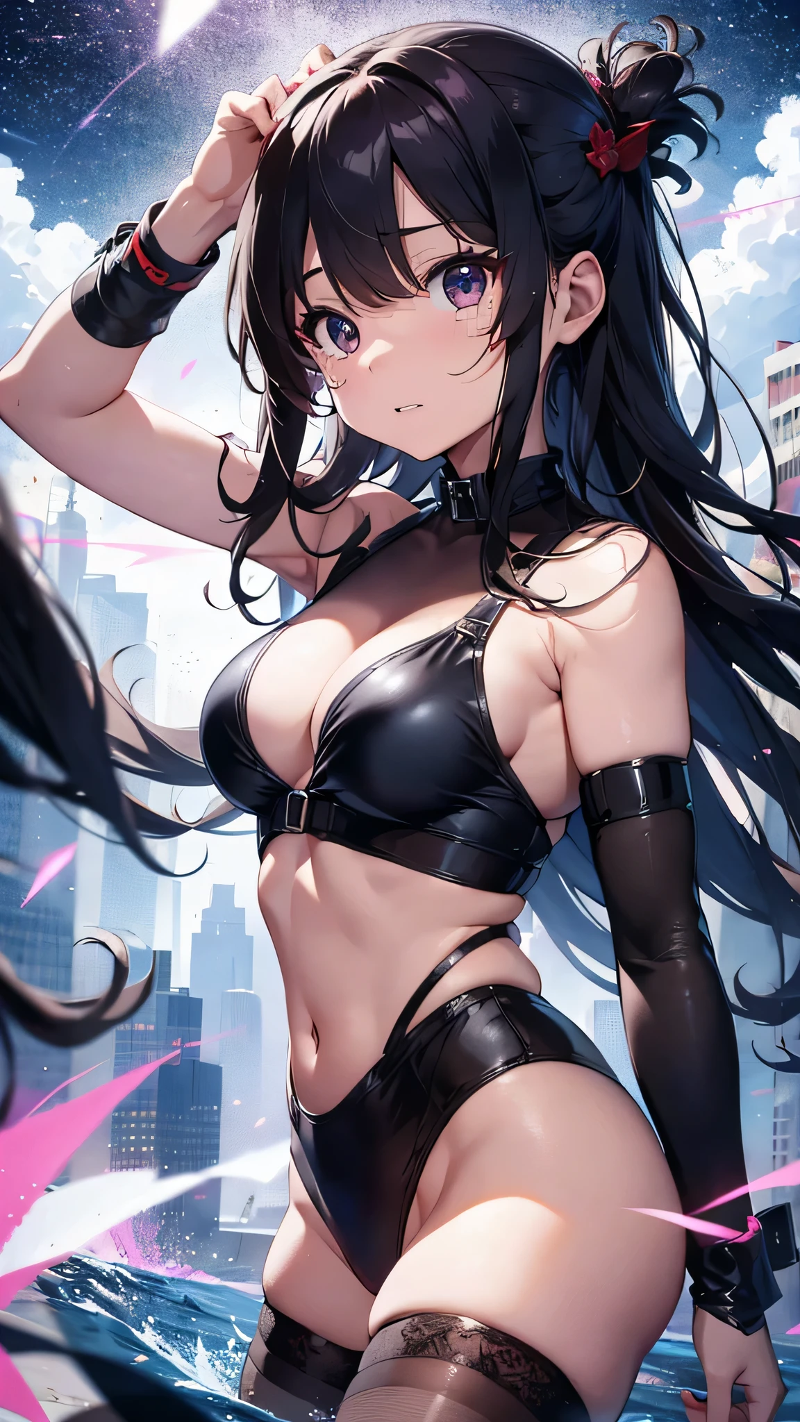Highest quality、Highest quality、Masterpiece、girl((Age 25、as soon as、Highest Bust、Medium Bust、Wide open chest、Red glowing eyes、Black Ear、Red Mesh、Disheveled Hair、Loincloth、thin、The best valley、Open chest、Luminous Wristbands、hair ornaments、Full body view、Black Shirt、Black trousers、scar、cell phone、A little muscular、Watery eye、Tears))、high quality、Beautiful Art、background((night、))、flight、Flying Debris、Depth of text、movie、Visual Arts、Perfect Art、8K、Genuine、