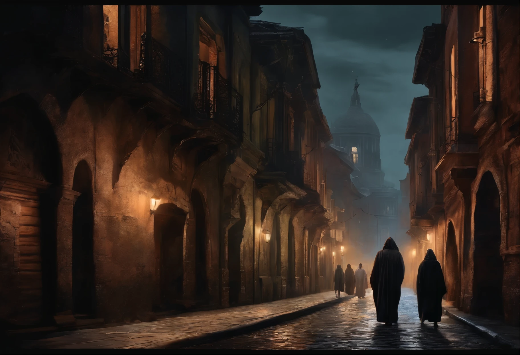 city drawing, shrouded in darkness, with people in robes, wandering the empty streets. realism
