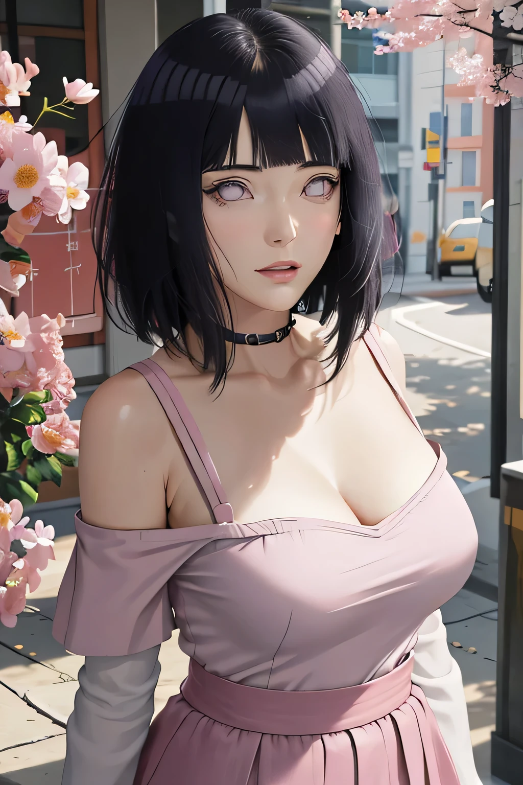 masterpiece, absurdres, hinata\(boruto\), 1girl, solo,mature female, off-shoulder strap bra, high waist short skirt, looking at viewer, (falling petals), perfect composition, detailed lips, big breast, beautiful face, body propotion, blush, (pink lips), long hair, purple eyes, soft gaze, super realistic, detailed, photoshoot, realistic face and body,