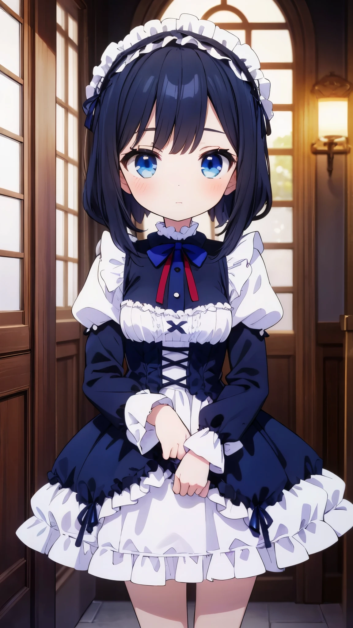 (Tabletop, highest quality:1.2), 8k, 85mm, Official Art, Absurd, Black-haired, (blue eyes, Lolita Fashion, sweet lolita, Gothic, dress:1.2), Idol&#39;s face, Upper Body, beautiful girl, Gardeniass, Copenhagen, Short sleeve, grace, Sophisticated, Gardenia, Film Grain, chromatic aberration, Sharp focus, Face Light, Dynamic Lighting, Cinema Lighting,(( blush、Embarrassed expression, avert your eyes、Looking down shyly:1.2))、(((Pull up your skirt、White panties are visible、Sujiman、slit)))、