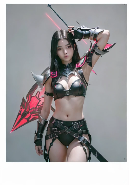 A ultra beautiful girl cute, of 18 years old, short black hairs and eyes, ((european face)), with black techno fantasy great sword in the back, black techno fantasy top armor and black techno fantasy armour pants, black metal with red neon lights symbols and decourations, 12k, UHD, masterpiece, photo realistic, naked belly and arms