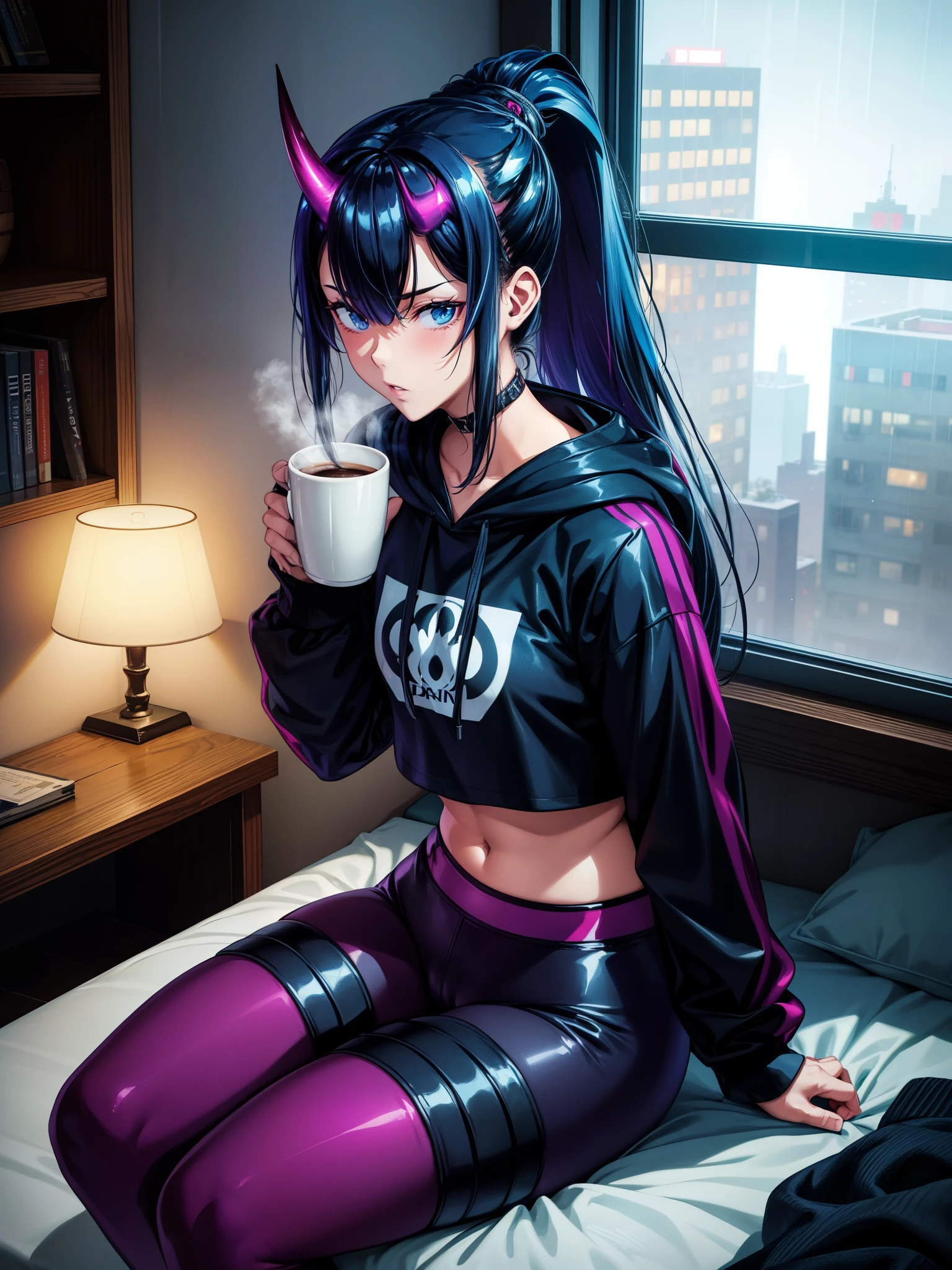 score_9,score_8_up,score_7_up,score_6_up, 1girl, 
 sitting in bed next to a large window, holding coffee cup, holding steaming coffee cup, wearing croptop hoodie, black croptop hoodie, long hair, black hair, blue strip in hair low ponytail hairstyle, red skin, demon girl, small horn on head, devil horns, pov from the side, sitting on the bed, hoodie, plants on the windowsill, looking out the window, looking away from viewer, background through window is vast space, galaxy background, wearing tights, leggings, black tights, thighs, night time, cyberpunk city view out of the window, neon light, purple neon lights, raining outside, heaving rain outside, girl is dry, no rain inside