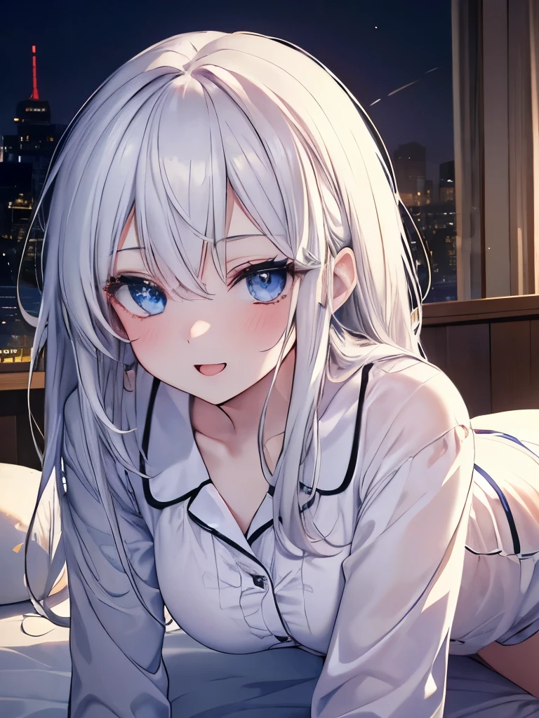 Masutepiece, Highest Quality, (Perfect face:1.1), (high detailing:1.1), (ultradetailed eyes), Dramatic,superfine illustration,Extremely detailed,1girl in,ager,pale skin,long white hair,Ethereal eyes,Blue eyes, With eyes highlights,Solo,Smile,Happy,Laugh,Enjoy, Open mouth,Pouty lips,Cinematic lighting, Cowboy Shot, pajamas, sleeping,indoor, on all fours,bedroom,midnight