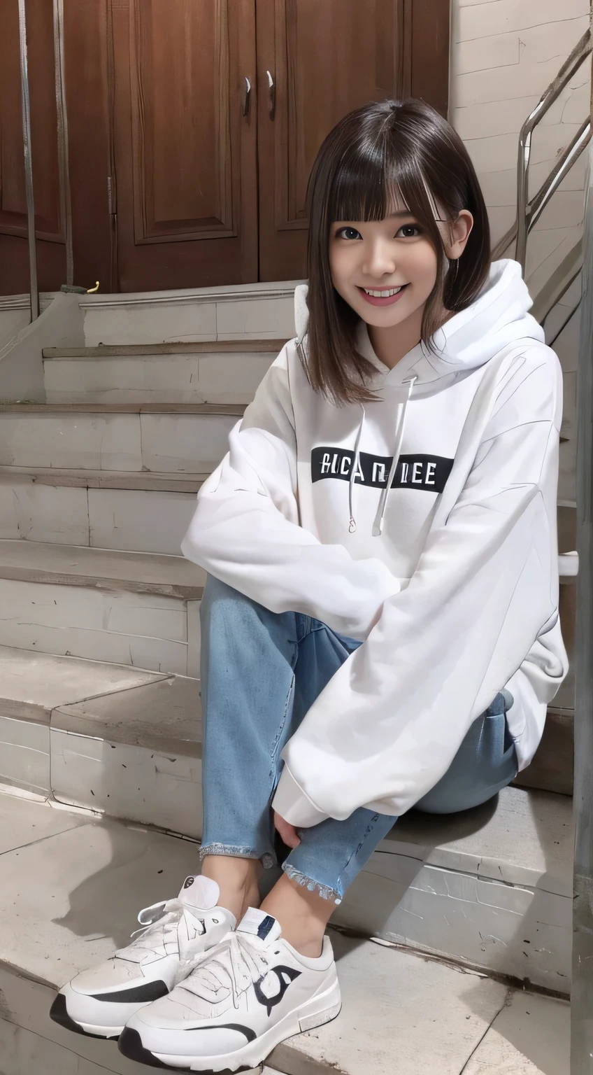 highest quality, Realistic, Very detailed, Finer details, High resolution, 8k wallpaper, One beautiful woman,Sit on the stairs、(Wear black socks)smile、(Beautiful teeth alignment、)(Gums are visible) Oversized hoodie, Skinny jeans,( Black sneakers)、Black Hair、 Beautiful Bangs、ear piercing、Perfect dynamic composition, Beautiful and detailed, Full Body Shot, A big smile brown hair