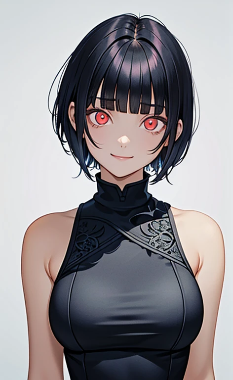 (masterpiece:1.4、top-quality、illustration)、(character focus、,upper body:1.3)、(face:1.5),(1girl),(Gentle face:1.2),(Beautiful eyes:1.4),cute face,(red eyes:1.3)、(tareme:1.3)、(crazy eyes:1.3),
),(stand:1.4),、(Gentle smile:1.2),(head tilt:1.3),
(blue black hair),(short hair:1.5)、
,(glowing eyes:1.3),（sleeveless turtleneck china dress:1.5),
(blunt bangs),(sidelocks:1.3), (large breasts)、
、slender、zydG