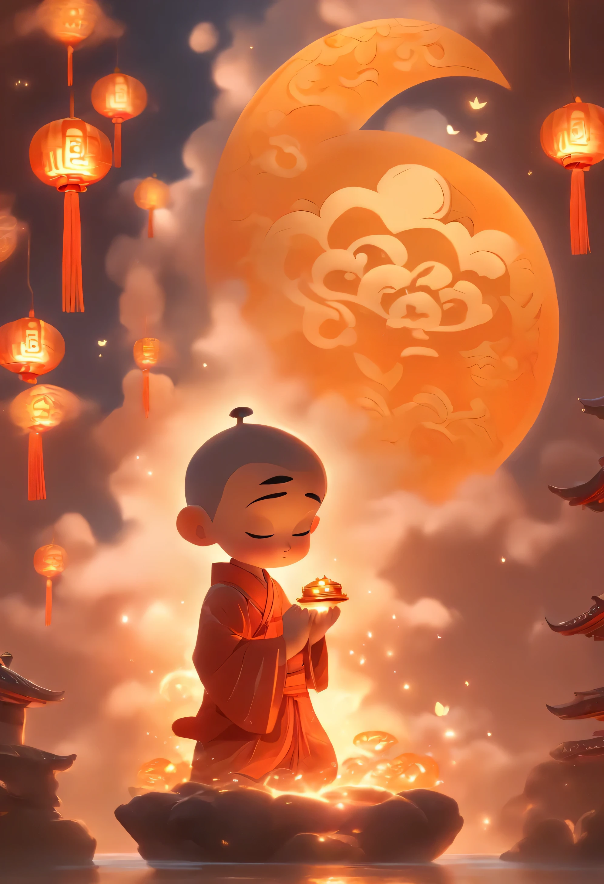 Mid Autumn Festival，A 5-year-old Buddhist monk boy praying ,Tattoo、Cute fairy dressed in ancient Chinese clothing，Playing with a rabbit next to a girl，moon cake，Auspicious clouds，the dark side of the huge moon，Warm color palette，Abstract Screen，Surreal Realism，Pixar Style，3D Effects，Disney Style，Clear contour light，Rim Light，Fantastic，Spotlight