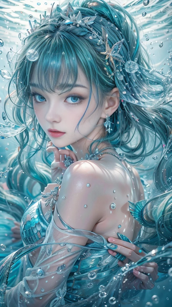 (RAW shooting, 32k:1.5, highest quality, masterpiece, Ultra-high resolution), (Under the sea at night:0.7, moonlight:0.7, Mystical Expressions:1.3, Expressions of sadness:1.0), Fractal Art:1.3, Perfect dynamic composition:1.3, 非常にdetailedな肌と顔の質感:1.3, (Dynamic flow of water waves:1.2, Slim Mermaid:1.2, Mermaid tail), Looking up at the audience, Fair skin:1.2, Incredibly slim body:1.2,Very beautiful face:1.1, Water droplets on the skin, detailed, (Rain drips down on my body:0.9, Wet body:0.9, Wet Hair:1.0), (Posing Pro:0.9, With a wet bouquet:0.9, Gorgeous blue shiny mermaid dress portrait:1.1, Woven Belt), Shapely breasts, (Big eyes that exude beautiful eroticism:0.5, Lips that exude beautiful eroticism:0.5), Totally captivates you, Very sweet atmosphere, necklace, Earrings, bracelet