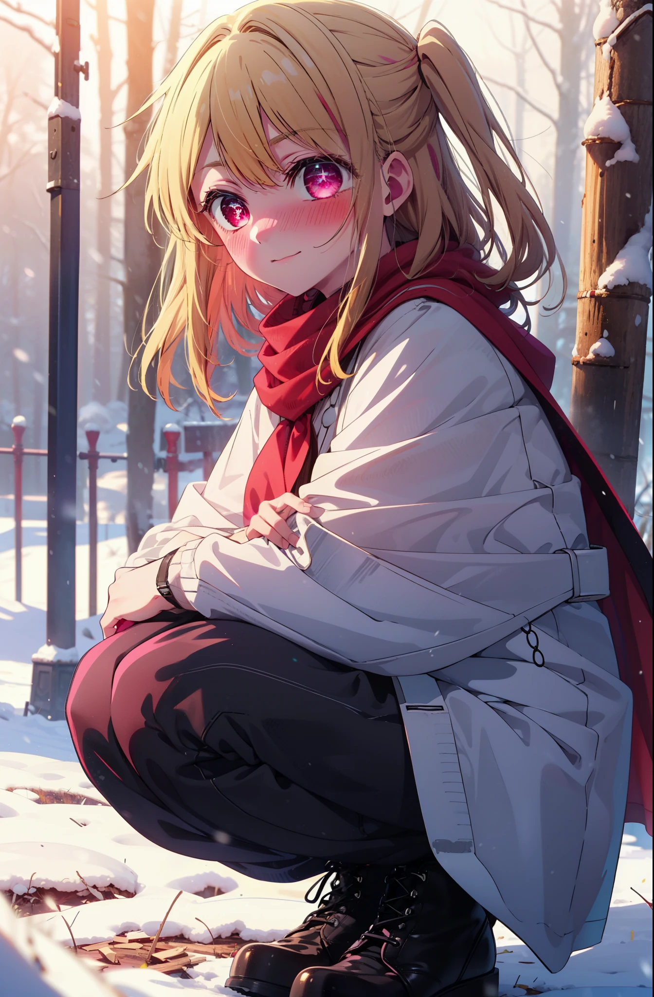 rubyhoshino, Hoshino Ruby, Long Hair, bangs, Blonde Hair, (Pink Eyes:1.3), Side Lock, (Symbol-shaped pupil:1.5), Multicolored Hair, Two-tone hair, smile,,smile,blush,White Breath,
Open your mouth,snow,Ground bonfire, Outdoor, boots, snowing, From the side, wood, suitcase, Cape, Blurred, , forest, White handbag, nature, Squat, Mouth closed, Cape, winter, Written boundary depth, Black shoes, red Cape break looking at viewer, Upper Body, whole body, break Outdoor, forest, nature, break (masterpiece:1.2), highest quality, High resolution, unity 8k wallpaper, (shape:0.8), (Beautiful and beautiful eyes:1.6), Highly detailed face, Perfect lighting, Extremely detailed CG, (Perfect hands, Perfect Anatomy),