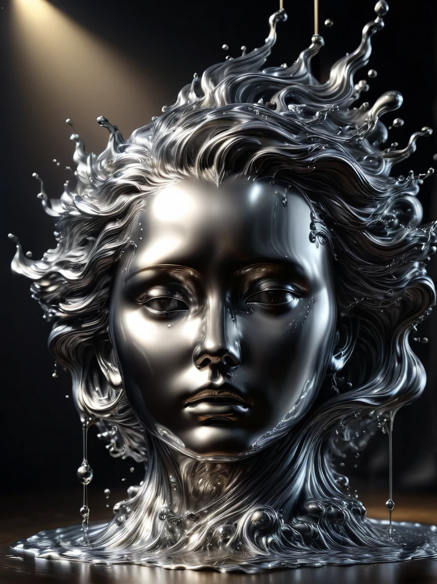 (液态Metal)，(由液态Metal制成的奶酪)，Shiny，Metal，Reflective，flow，Dripping，smooth，sculpture，超Reality，Intricate details，(Best quality，8k，high resolution，masterpiece:1.2)，Ultra Detailed，(Reality, 1.4 times more realism), close up, Dramatic lighting