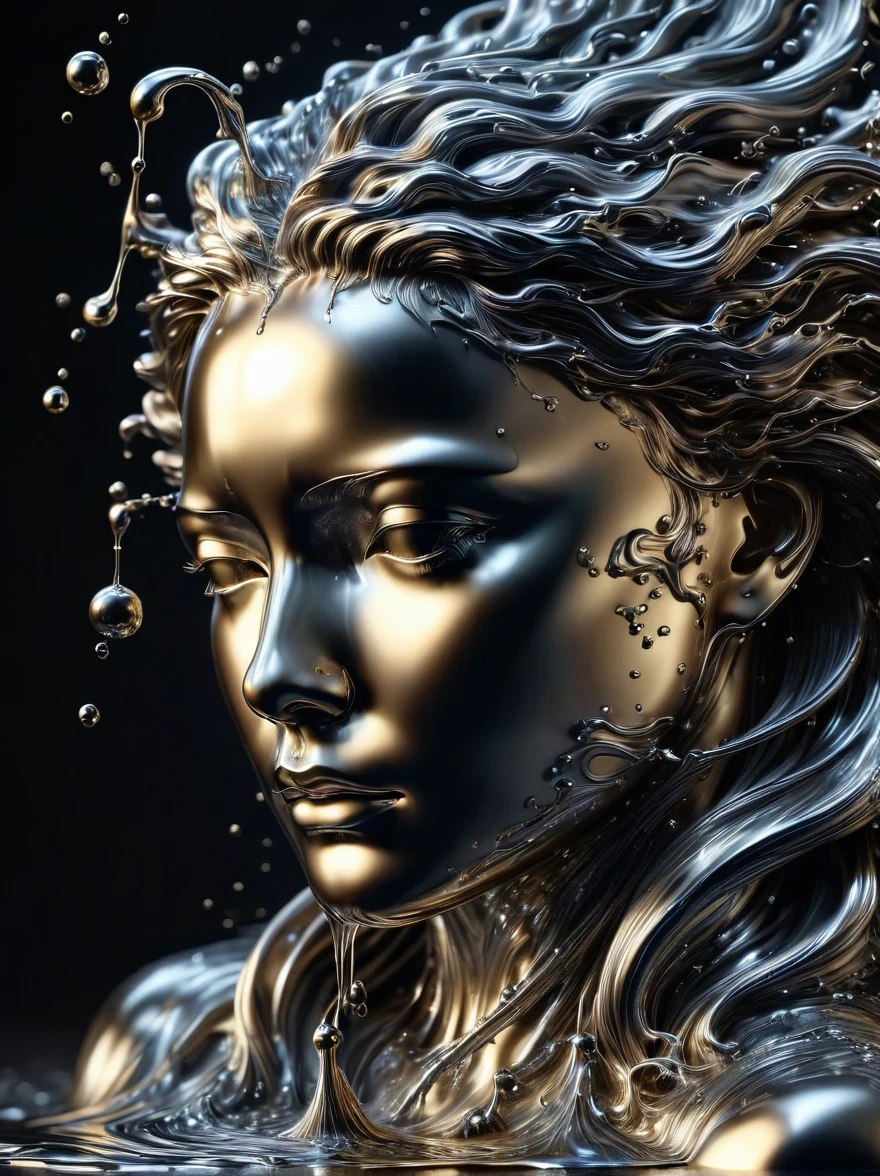 (液态Metal)，(由液态Metal制成的奶酪)，Shiny，Metal，Reflective，flow，Dripping，smooth，sculpture，超Reality，Intricate details，(Best quality，8k，high resolution，masterpiece:1.2)，Ultra Detailed，(Reality, 1.4 times more realism), close up, Dramatic lighting