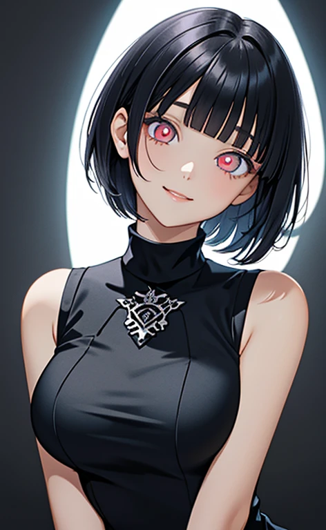 (masterpiece:1.4、top-quality、illustration)、(character focus、,upper body:1.3)、(face:1.5),(1girl),(Gentle face:1.2),(Beautiful eyes:1.4),cute face,(red eyes:1.3)、(tareme:1.3)、(crazy eyes:1.3),
),(stand:1.4),、(Gentle smile:1.2),(head tilt:1.3),
(blue black hair),(short hair:1.5)、
,(glowing eyes:1.3),（sleeveless turtleneck china dress:1.5),
(blunt bangs),(sidelocks:1.3), (large breasts)、
、slender、zydG