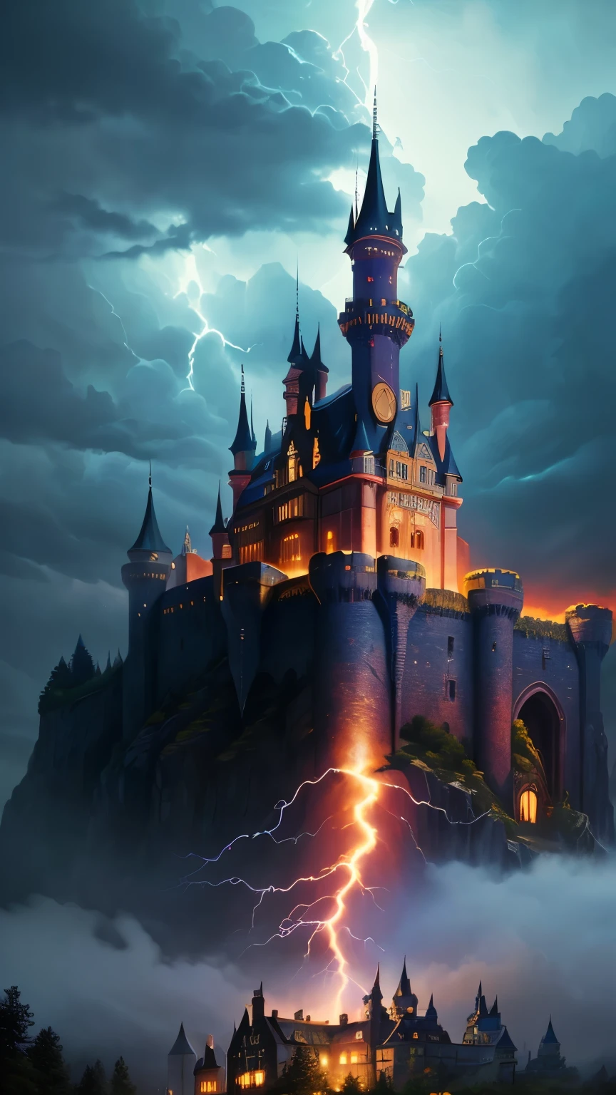 ((best quality)), ((masterpiece)), (detailed), lightning in the background, ((dark horror castle in the background