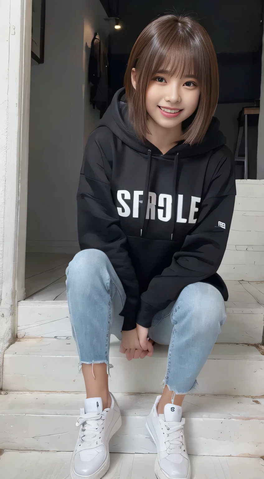 highest quality, Realistic, Very detailed, Finer details, High resolution, 8k wallpaper, One beautiful woman,Sit on the stairs、(Wear black socks)smile、(Beautiful teeth alignment、)(Gums are visible) Oversized hoodie, Skinny jeans,( Black sneakers)、Black Hair、 Beautiful Bangs、ear piercing、Perfect dynamic composition, Beautiful and detailed, Full Body Shot, A big smile brown hair