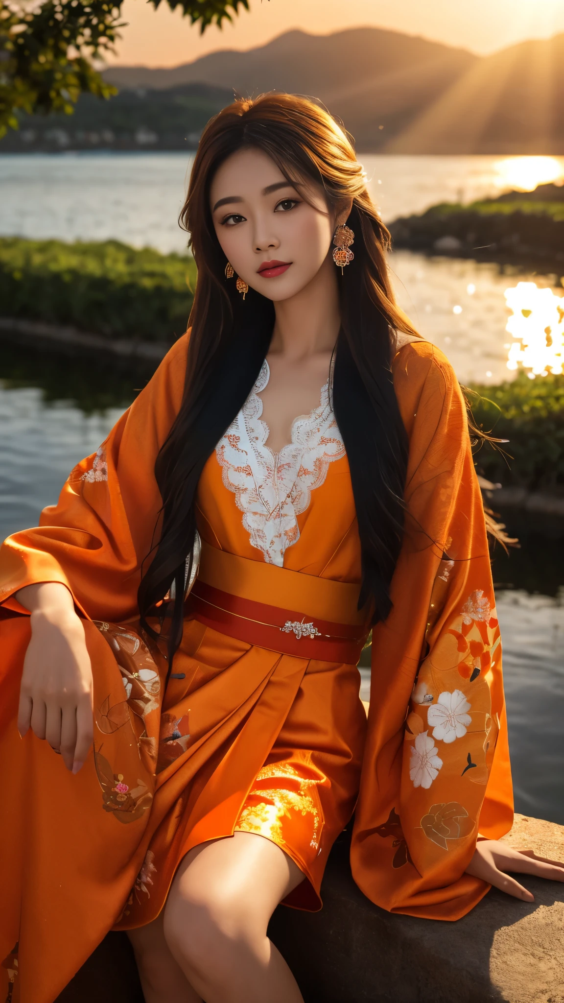 8K, UHD, masterpeiece,best quality, 1 girl, detailed face, detailed eyes, very long hair, long straight hair, small breasts, very detailed dress, kimono costume, orange costume, ((orange lace)), sardine, flowing sardine, jwellery, earring, ornaments, flower, evening, lake, water, sunset, depth of field, glowing light, god rays, reflection light, bloom, looking at viewer, knee short,