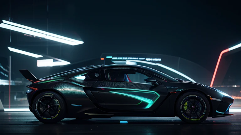 a futuristic concept car, highly detailed, intricate mechanical design, sleek aerodynamic body, glowing neon accents, holographic displays, advanced hovering technology, metallic sheen, seamless integration of technology, cinematic lighting, photorealistic, 8k, best quality, masterpiece