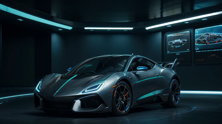 a futuristic concept car, highly detailed, intricate mechanical design, sleek aerodynamic body, glowing neon accents, holographic displays, advanced hovering technology, metallic sheen, seamless integration of technology, cinematic lighting, photorealistic, 8k, best quality, masterpiece