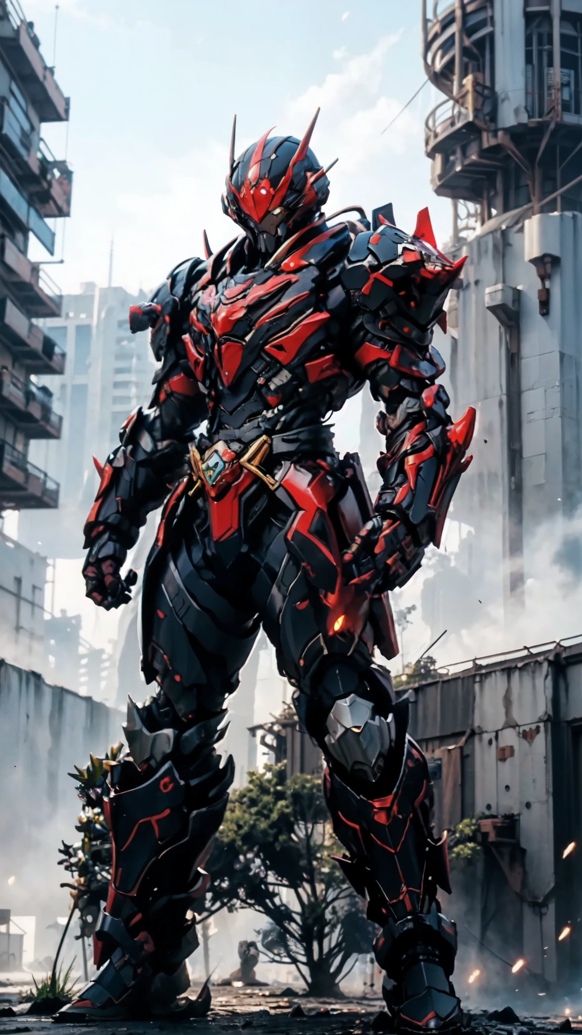 A man wearing a full-face helmet, a fantasy-style biotech armored combat suit, green eyes, (a composite layered chest armor), fully enclosed shoulder guards, matching arm and leg guards, the belt is adorned with 666 mark, (the color scheme is primarily red with yellow and white accents), the design balances heavy with agility, a high-tech bio-mecha armor, (Armor Concept Inspired by Demon, stand on the top of a skyscraper in a futuristic sci-fi city), this character embodies a finely crafted fantasy-surreal style armored hero in anime style, exquisite and mature manga art style, (battle damage, element, plasma, energy, the armor glows), ((male:1.5)), metallic, real texture material, dramatic, high definition, best quality, highres, ultra-detailed, ultra-fine painting, extremely delicate, professional, perfect body proportions, golden ratio, anatomically correct, symmetrical face, extremely detailed eyes and face, high quality eyes, creativity, RAW photo, UHD, 32k, Natural light, cinematic lighting, masterpiece-anatomy-perfect, masterpiece:1.5