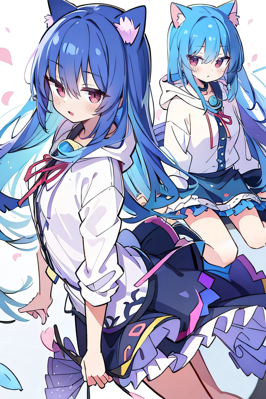(masterpiece:1.2),Super detailed,lifelike,Expressive eyes,fair skin,perfect face shape,1 girl,
Japanese comics,Gorgeous blue hair,flowing blue hair,flowing clothes,Cat ears,Petals fall,beautiful lola,Baby Angel,sunrise,
Shaking head with one hand,Cross your legs,Gentle and peaceful background,The pavilion is cool and comfortable,smile, wearing hoodie, background of tokyo,back views,snowing, winter.