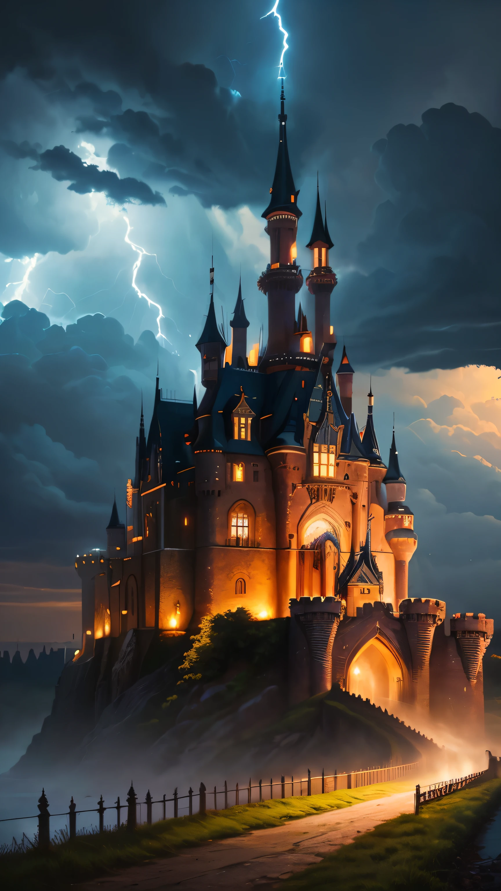 ((best quality)), ((masterpiece)), (detailed), lightning in the background, ((dark horror castle in the background