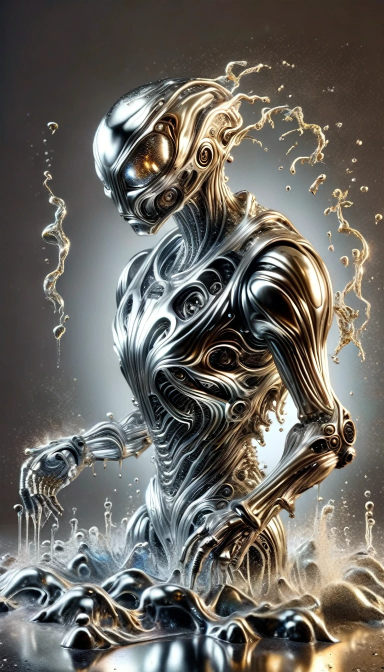 Realistic full-body photo of a robot made of liquid metal, dynamic action poses:1.5, The splashing metal liquid interprets energy and passion, The dripping liquid metal is creepy and scary, Wind effect,