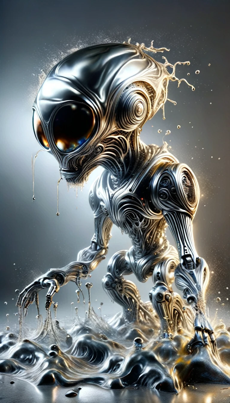 Realistic full-body photo of a robot made of liquid metal, dynamic action poses:1.5, The splashing metal liquid interprets energy and passion, The dripping liquid metal is creepy and scary, Wind effect,