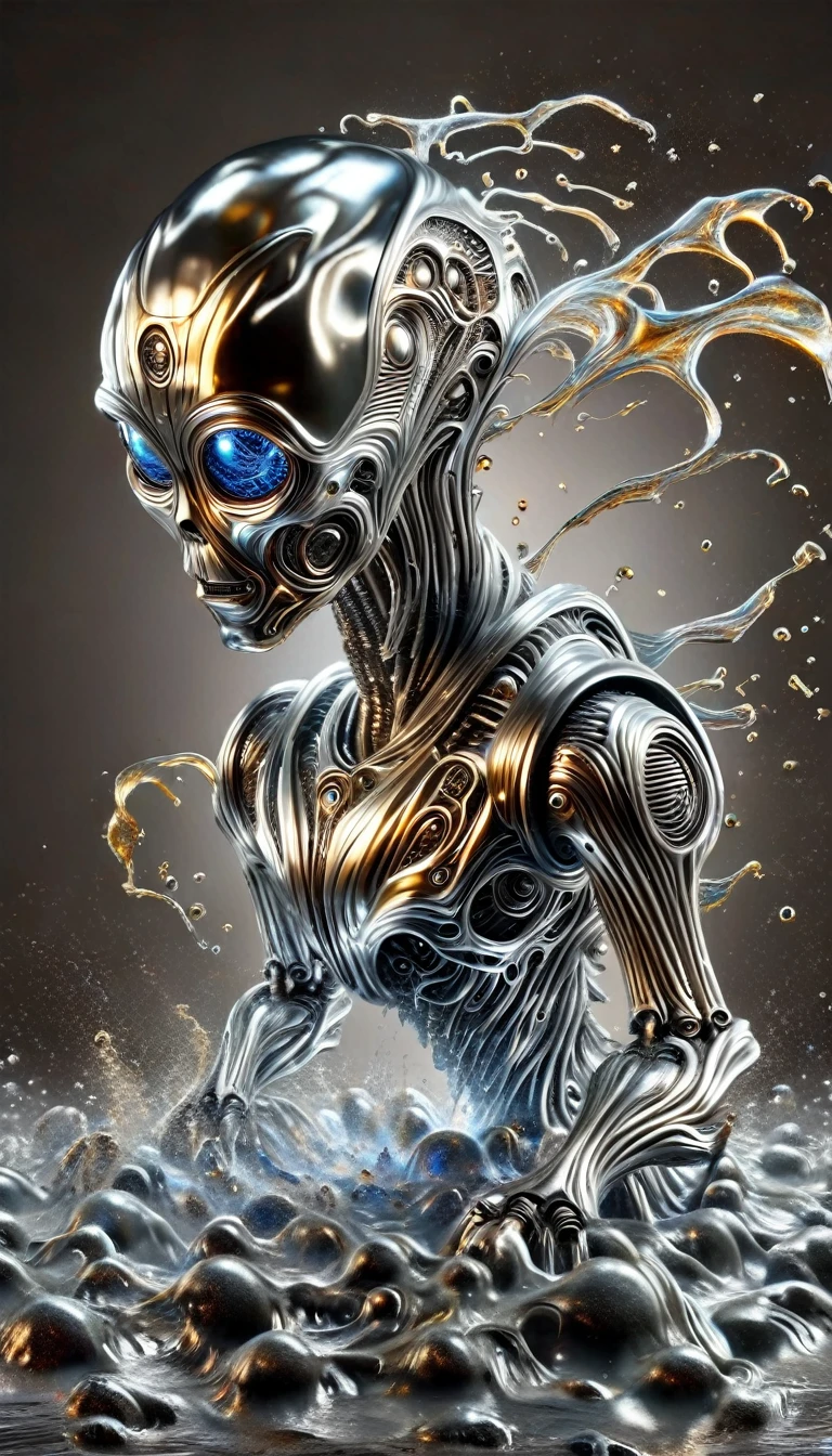 Realistic full-body photo of a robot made of liquid metal, dynamic action poses:1.5, The splashing metal liquid interprets energy and passion, The dripping liquid metal is creepy and scary, Wind effect,