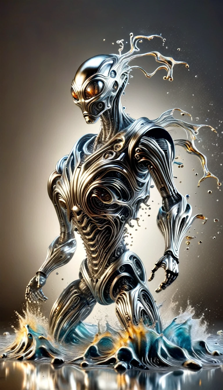 Realistic full-body photo of a robot made of liquid metal, dynamic action poses:1.5, The splashing metal liquid interprets energy and passion, The dripping liquid metal is creepy and scary, Wind effect,