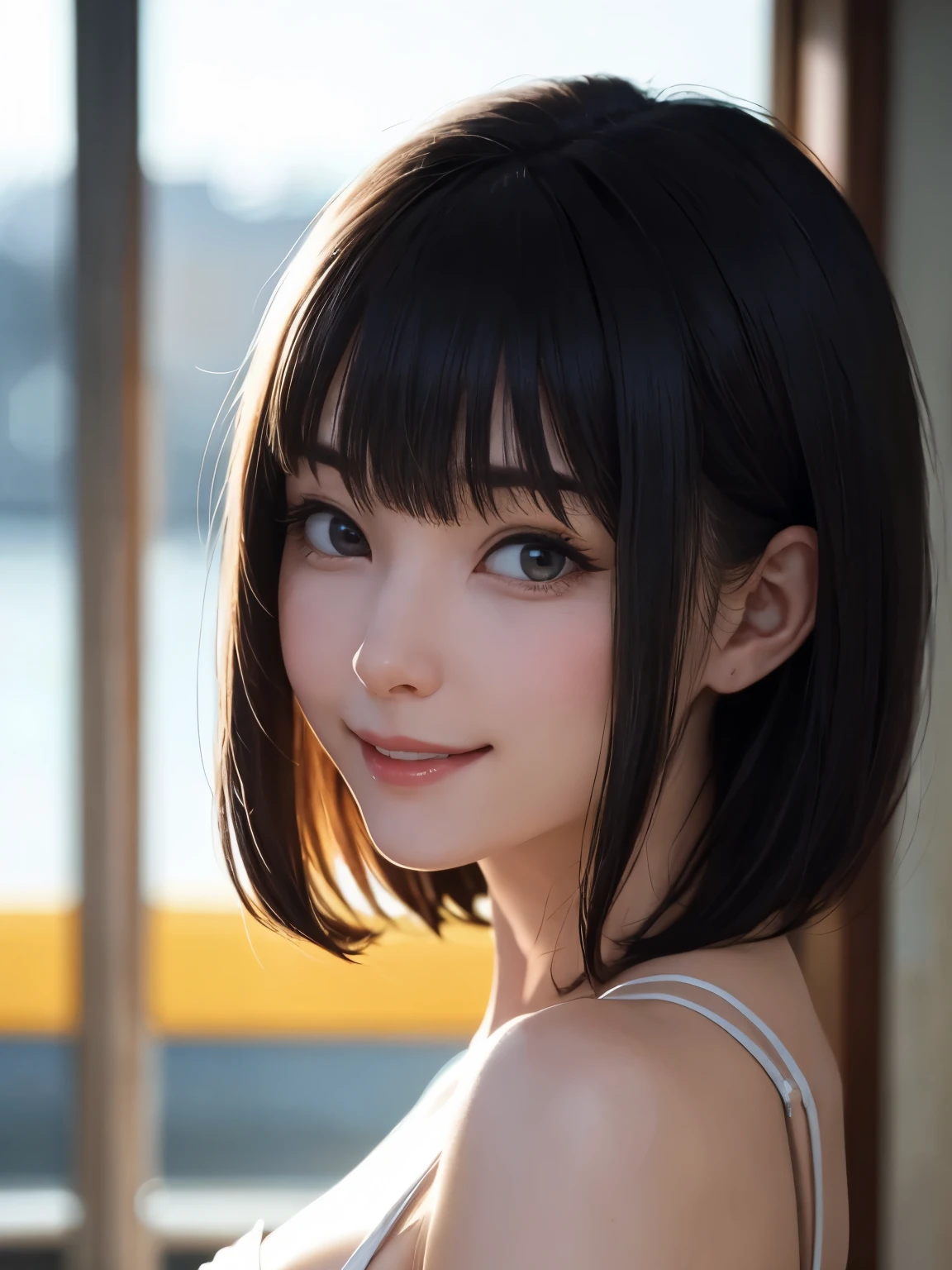 1 girl、highest quality、Realistic、alone、Written boundary depth、Natural soft light、Daytime、charm、Beautiful Face、Cleanliness、Pure Face、White skin、cute、short hair、prohibit、Beach、Light of the sun、Nedium Breast Body Esbian、((セーターを着たBeautiful Faceの黄金比 対称性のあるBeautiful Face))、Long neck、Listen carefully、prohibitのあるきれいな短いボブヘア、Laugh with your mouth closed、Perfect hands指、Perfect hands、Perfect body、Perfect Face、Shine a light into your eyes、Perfect Anatomy:1.4、とてもcuteスーパーモデル:1.4、{Huge|big|Hugeな|Mega} chest:2, chestの谷間:2