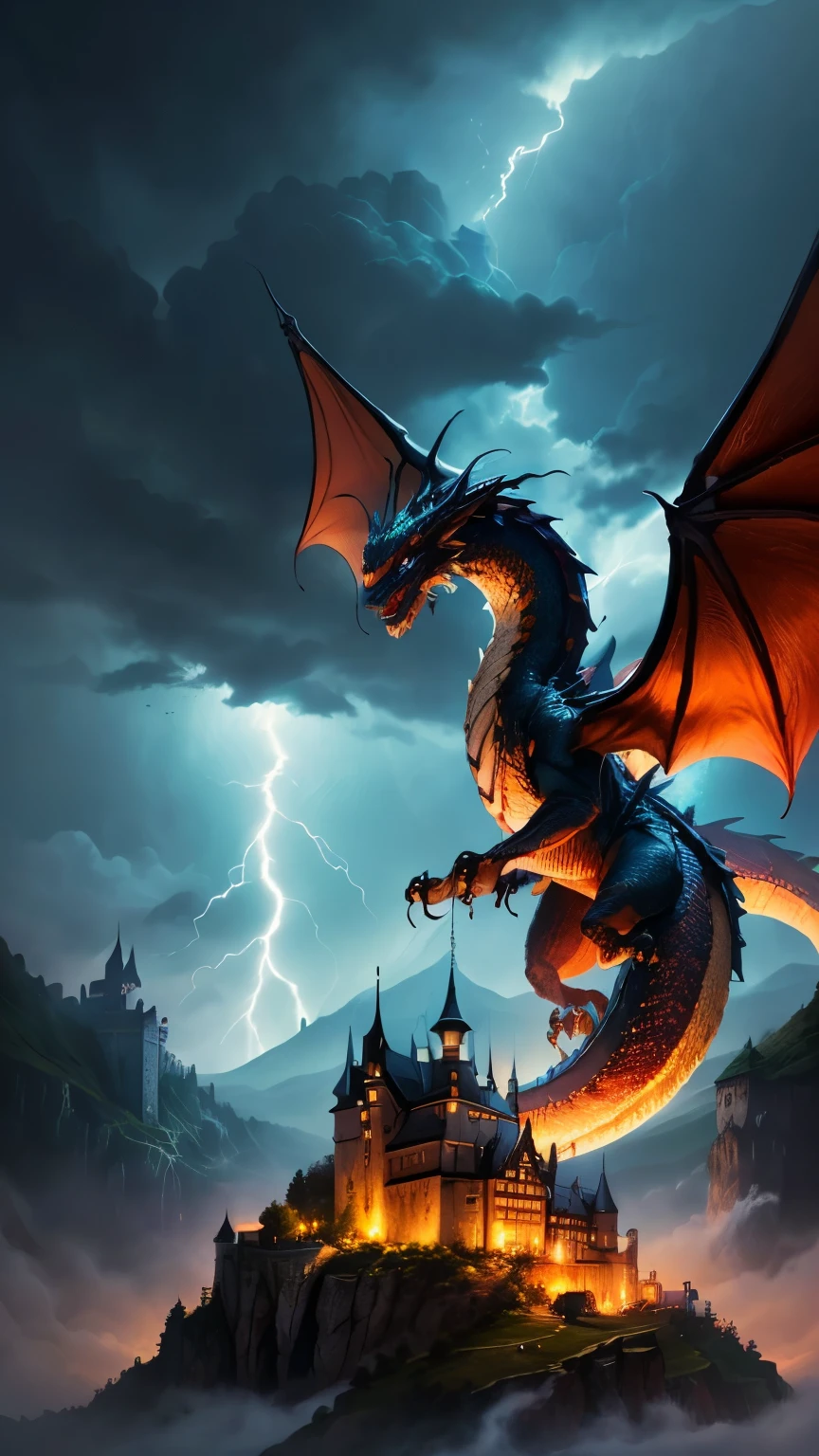 ((best quality)), ((masterpiece)), (detailed), in the dark cave, lightning in the background, ((dark horror castle in the background, fying dragon on a background